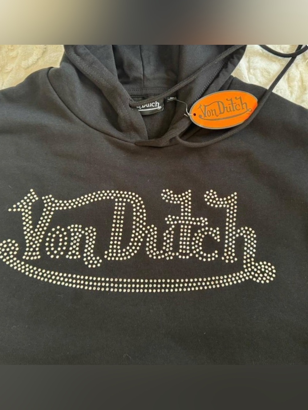Von Dutch Black Rhinestone Crop Hoodie
